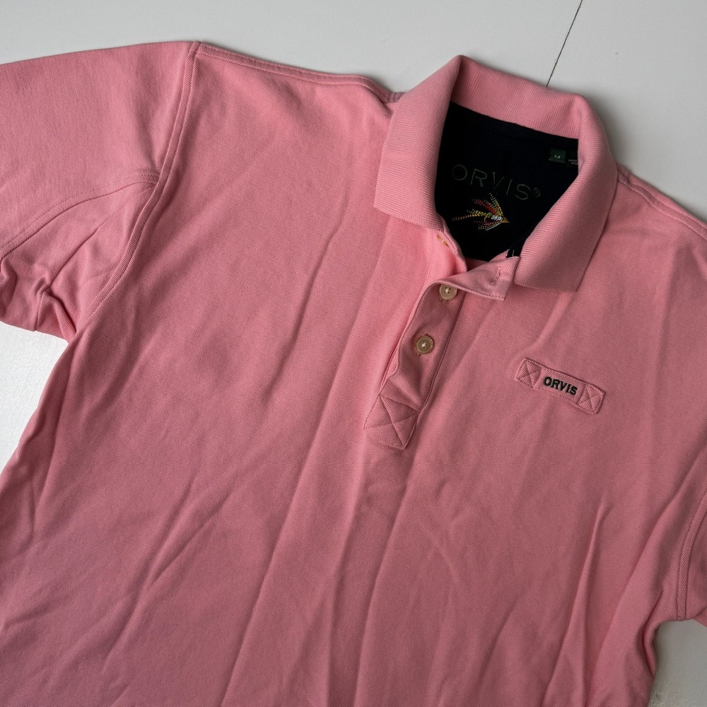 Orvis Mens Salmon Pink 100% Cotton Pique Polo Shirt Short Sleeve Size M 2HCJ